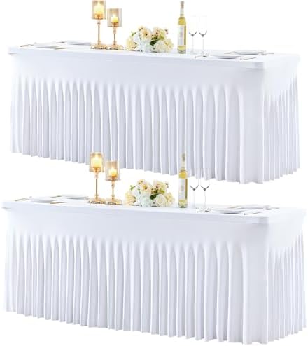 gogoparti 2 Pack Spandex White Fitted Table Cloth for 6ft Rectangle Tables White Stretch Tablecloth Table Covers Skirt Banquet Wrinkle Free Tablecloths for Parties Wedding by Gogoparti