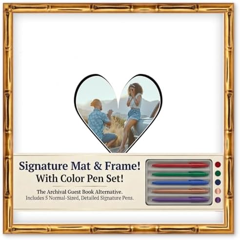 CountryArtHouse Signature Keepsake Frame - Heart Shaped Mat Window - Gold Bamboo Genuine Hardwood 20x20 8x8 Photo - Black Border Mat - Gel Pens Included for Guest Signing by CountryArtHouse