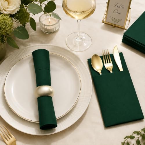 100Pcs Green Napkins Disposable Linen Feel Dinner Paper Napkins with Built-in Flatware Pocket, 16in x 16in Airlaid Paper Pre-Folded Napkin for Silverware Baby Shower Easter Wedding Birthday Party - Image 2