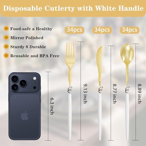 Supernal 102pcs White and Gold Plastic Silverware Set,34 Guests - Image 3