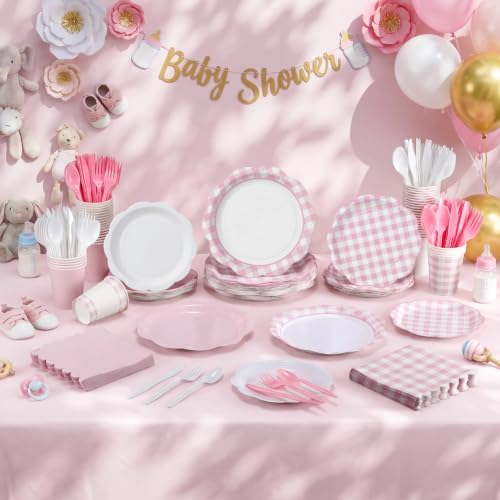 Ceenna 392 Pcs Pink Gingham Paper Plates Napkins Cup Party Supplies for 48 - Image 4