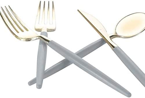 Luxe Party 128 Pieces Two Tone Plastic Disposable Cutlery | Forks-Spoons-Knives | Full Size | Chic Round | Grey and Gold - Image 4