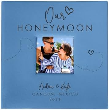 Personalized Photo Album For Newlyweds, Holds 200 4" x 6" Photos, Engraved Our Honeymoon Leatherette Photo Album, Gift For Her, Blue Photo Scrapbook, Photo Keepsake by GiftsForYouNow