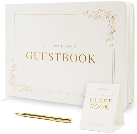 Floral Embossed Wedding Guest Book Set - 9 x 7.5 Hardcover Guestbook for Wedding Reception Sign in, Messages, Bridal Shower Engagement Party (White Cream) by ModernAlbumDesigns