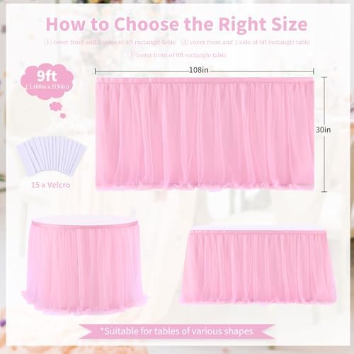 9ft Pink Tulle Table Skirts for Rectangle or Round Tables - Ruffle Tulle Tutu Cloth Table Skirt Party Tablecloth for Wedding Baby Shower Dessert Buffet Banquet Table Decorations - Image 3