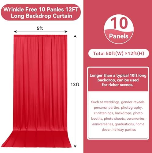 50ftx12ft Red Backdrop Curtains for Wedding Party 10 Panels 5×12FT Tall - Image 5