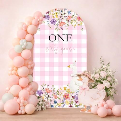 Arch Backdrop Cover One Silly Goose Baby Shower Girl Pink 1st Birthday Party Decors Spandex Stretchy Arch Stand Cover Plaids Cartoon Banquet Props (6FT,Floral) - Image 4
