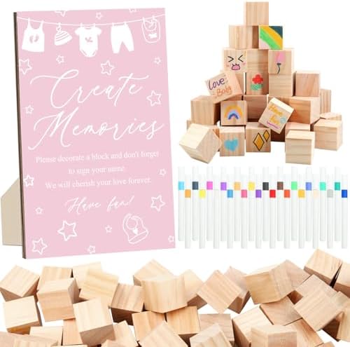 97 Pcs Pink Baby Shower Games Sign Kit,Including Decorate a Block Game Sign 72 DIY Blank Wooden Block 24 Pen to Draw Your Idea for Baby Shower Game Gender Reveal Party by ZCPTZ
