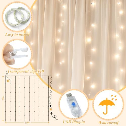 Ledido 10×10ft Beige Tulle Backdrop Curtain with Light(2 Panels 5×10ft) - Image 3