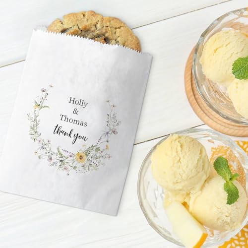 Canopy Street Personalized Wildflower Treat Bags / 50 Custom Event Dessert Bags / 5 3/4" x 8" Floral Cookie Holder Wedding Anniversary Favor/Made In The USA - Image 3