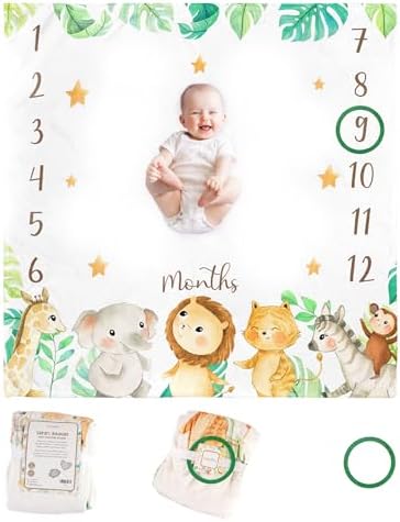 KooKooBaby Baby Monthly Milestone Blanket - 47x47 Premium Fleece Milestone Blanket for Baby Girl and Boy - Safari Animals Monthly Baby Milestone Photo Background with Felt Circle Marker by KooKooBaby