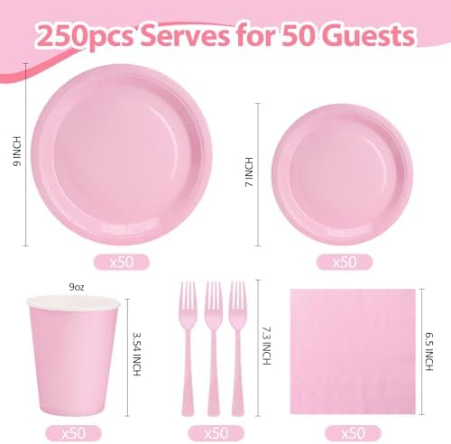 Light Pink Plates and Napkins Include 9’’Disposable Burgundy Paper Plate, 7’’Dessert Plates and Cups and Napkins Forks Set for Baby Showers, Birthday, Wedding, Serves 50 - Image 2