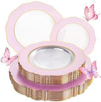 WDF 60Pcs Pink Plates Disposable with Gold Rim - Baroque Clear Pink and Gold Plastic Party Plates Ideal for Wedding/Baby Shower/Spring by WDF