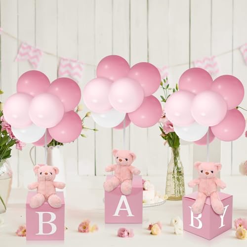 Lenwen 3 Sets Jungle Animal Decoration for Baby Shower Letter Boxes Baby Shower Table Centerpiece Stuffed Animals Balloon with Stand Plush Boxes for Party(Pink,Bear) by Lenwen