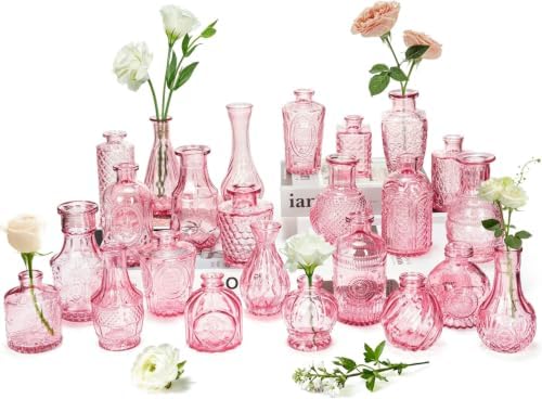 Clear Pink Glass Bud Vase Set of 24 Pcs,Small Bud Vases in Bulk,Glass Crystal Flower Vases Table Centerpieces for Party Event Wedding Decor Baby Shower Decorations (Pink, 24 Pcs) by JXINDUJU