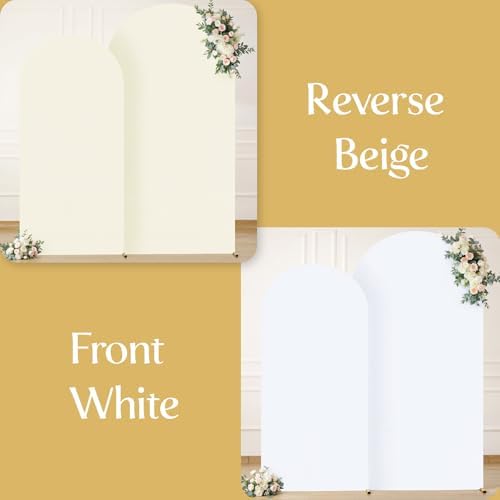 White and Beige Arch Cover Set of 2-7.2FT and 6FT Arch Backdrop Cover Spandex Fitted Wedding Balloon Arch Stand Covers for Bridal Shower Wedding Baby Shower Birthday Party Ceremony Photo Background - Image 2