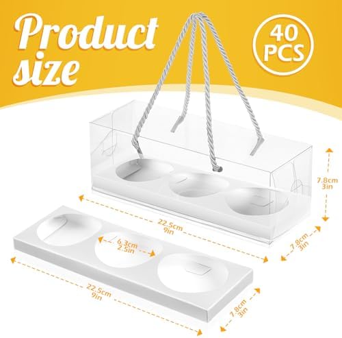 Thenshop 40 Pcs Clear Cupcake Boxes 9x3x3 in 3 Compartment Holder,White - Image 2
