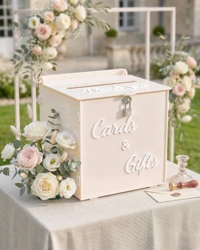 Cream Beige Acrylic Wedding Card Box with Lock, 10" Card Holder with Slot by CORALMEE