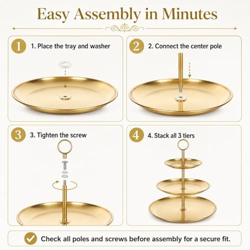 YOUNTHYE 2PCS Gold Cupcake Stand, 3 Tiered Stainless Steel Dessert Stand, Gold Cake Stand Display Trays for Wedding, Birthday, Tea Party, Holiday Dessert Table Decorations - Image 4