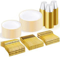 WDF 300Pcs White and Gold Plastic Plates - Gold Plates Disposable - Disposable Dinnerware Include 50 Dinner Plate 50 Dessert Plate 150 Cutlery 50 9oz Cups for Wedding/Birthday/Party/Thanksgiving by WDF