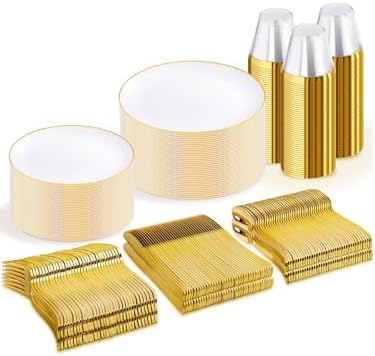 WDF 300Pcs White and Gold Plastic Plates - Gold Plates Disposable - Disposable Dinnerware Include 50 Dinner Plate 50 Dessert Plate 150 Cutlery 50 9oz Cups for Wedding/Birthday/Party/Thanksgiving by WDF