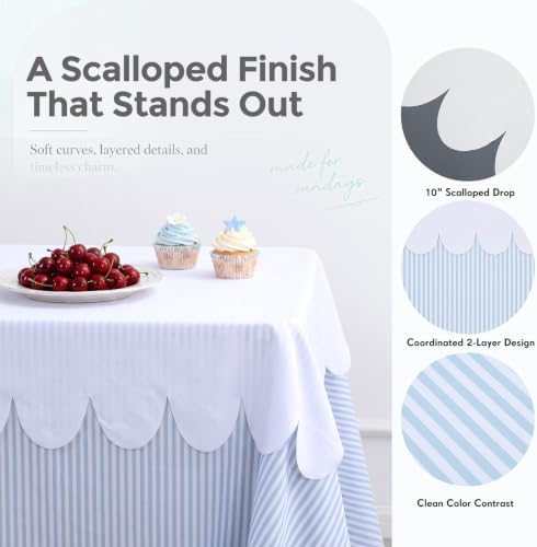 Blue Striped Tablecloth with White Scalloped Overlay Table Cover - Image 4