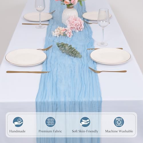 12 Pack Light Blue Cheesecloth Table Runners 21x120 Inch Boho Gauze Table Runner 10FT Long Rustic Sheer Baby Blue Table Runner for Baby Shower,Wedding,Party,Birthday,Home Table Decor - Image 3
