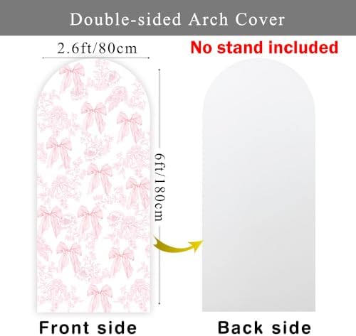Pink Bow Floral Arch Backdrop Cover 6ft Flower Coquette Girl Baby in Bloom Bridal Shower Party Pastel Toile Birthday Wedding Bride to Be Stretchy Fitted Arched Photo Booth Sign (2.6x6ft) - Image 2