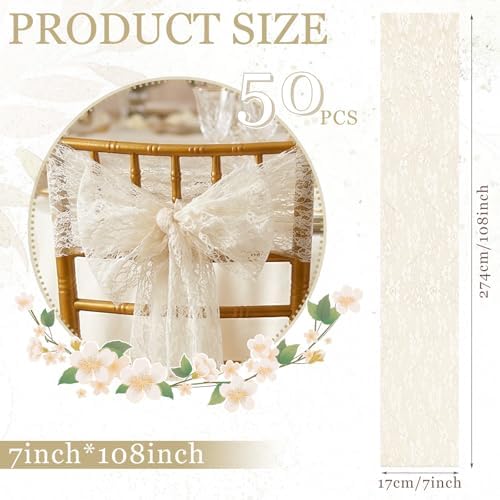 VitalCozy 50 Pack Ivory White Lace Chair Sashes with Bows Wedding Decor - Image 2