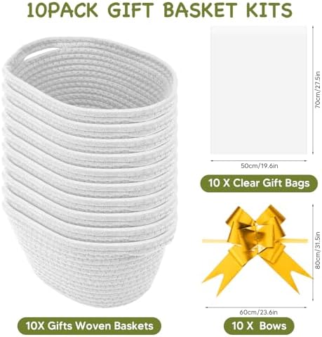 AFOROEOA 10PACK Baskets for Gifts Empty, 12"x 8"x 5" Woven Gift Baskets with Gift Bags and Bows Empty Gift Baskets for Christmas Shelf Small Storage Baskets with Handles, White - Image 2