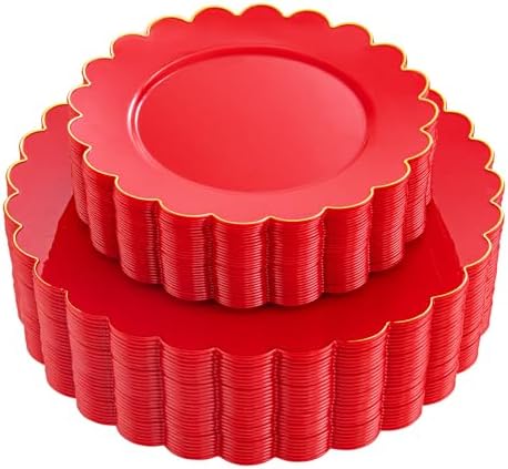 LIYH 60 Pcs Red Plastic Plates Disposable with Gold Edge Scalloped Red Gold Disposable Plates Includes 30 Dessert & 30 Dinner Plate Dishes Tableware for Party by LIYHLoveinyourheart