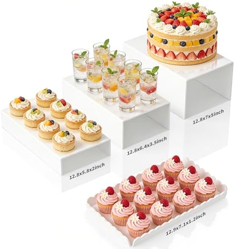 Food Display Stands, 4 PCS Acrylic Buffet Risers for Party Table, U-Shaped Tiered Acrylic Display Risers for Catering Dessert Drink Party Supply, Scalloped Serving Tray for Cupcake Fruit (Glossy White 4 PCS) by JINGOYUE