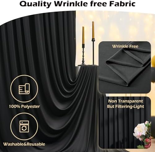 50ft x 8ft Wrinkle Free Black Backdrop Curtain for Parties Weddings, 10 Panels Silk Polyester Black Drapes for Backdrop 10 ft Photo Back Drop Cloth for Birthday Graduation Photography Background - Image 4
