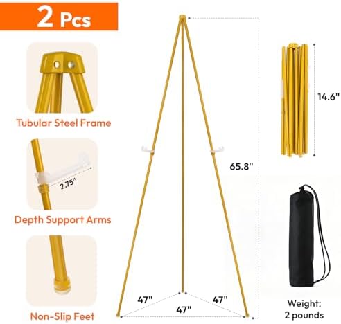 JEAWIWI 2 Pcs Lightweight Easel Stand, 66 Inch, Gold, with Portable Bags - Image 2