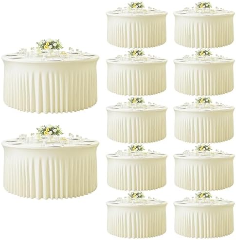 GALLETY 12 Pack Ivory Round Tablecloth for 6FT Round Tables, 132 inch Bulk Spandex Table Cloth with Skirt, Wrinkle Free & Easy-Care Fitted Table Covers for Large Weddings Reception & Vendor Display by Creativepartyuniquedecorat