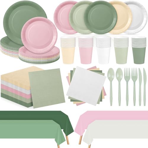 Mimorou 354 Pcs Sage Green and Pink Plates and Napkins Set Serves 50 by Mimorou
