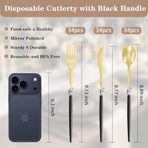 Supernal 102pcs Heavy Duty Black and Gold Plastic Silverware Set, 34 Guests - Image 6