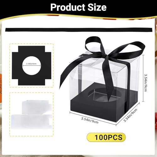 EUSOAR Black Cupcake Containers, 100pcs 3.5 Inch Individual Cupcake Wrappers Cupcake Holder, Single Display Plastic Cupcake Carrier with Ribbon and Inserts for Wedding Birthday Party Favor - Image 2