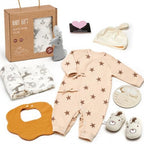 Golray Baby Gift Set for Newborn Boys & Girls, 8 Piece Basket with Cotton Wrap Footed Onesie, Muslin Swaddle Blanket, Bib, Hat, Baby Shoes, Plush Bunny, Milestone Card & Gift Box by Golray