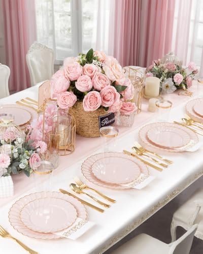 YOUBET 175PCS Pink Scalloped Plastic Plates for Party Wedding Baby Shower - Image 3