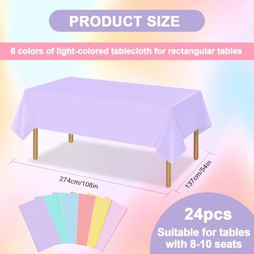 24 PCS Pastel Tablecloth 6 Color Disposable Plastic Tablecloth 54x108'' Pastel Table Cloths for Parties Rectangle Table Cover for Baby Shower Bride Shower Easter Birthday Unicorn Party Ice Cream Party - Image 3