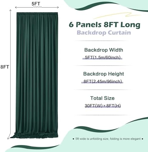 30ft x 8ft Wrinkle Free Hunter Green Backdrop Curtain for Jungle Parties, 6 Panels 5×8ft Soft Silky Green Polyester Photo Backdrop Drapes for Wedding Birthday Photography Christmas Background Cloth - Image 5