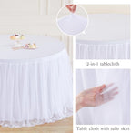 White Round Tablecloth 72 inch Stretchy Elastic Fitted Round Table Cloth Round Cover 132 inch, White Round Tulle Table Cloth with Skirt Wedding Birthday Party Cake Banquet Tables Decoration - Image 5