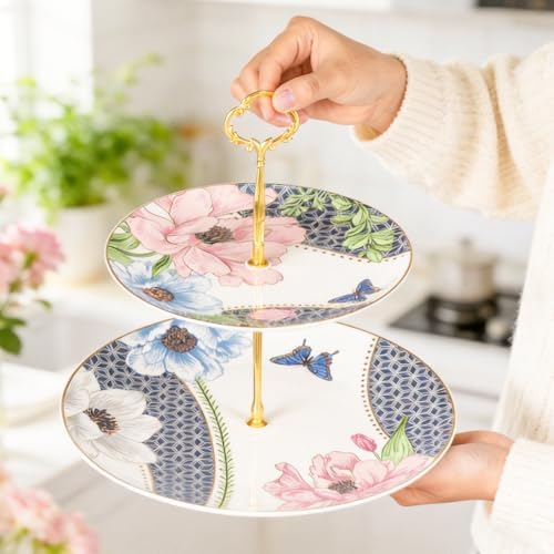 KAMMAK 2-Tier Porcelain Cupcake Stand Serving Tray, Dessert Plates Cake Fruit Candy Display Tower, Reusable Pastry Platter for Wedding Birthday Baby Shower Tea Party Decorations (Green) - Image 4