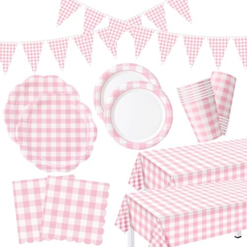 Pink 254 Pcs Gingham Plates Napkins Party Supplies for 50 by Unknown