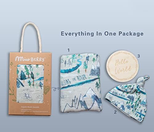 Miaoberry Mountain Baby Organic Muslin Swaddle Blankets for Baby Boy with Hat and Wooden Hello World Newborn Sign, Adventure Forest Theme, Newborn Photography Outfits Boy, Birth Announcement Sign - Image 3