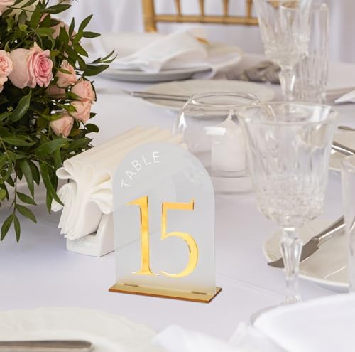Frosted Arch Acrylic Table Numbers 1-20 with Stands - 5x7" Gold Mirror Wedding Table Numbers for Reception, Frosted Acrylic Table Signs with Holders for Banquet, Party, Anniversary, Event - Image 4