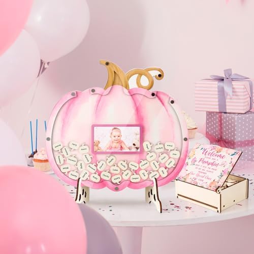 YLOLUL 62 Pcs Pumpkin Baby Shower Guest Book Alternatives Set Fall Baby Shower Guestbook Photo Frame with Wood Pumpkin Slices Rustic Guest Book Alternative for Baby Boy Birthday Party (Pink) - Image 4