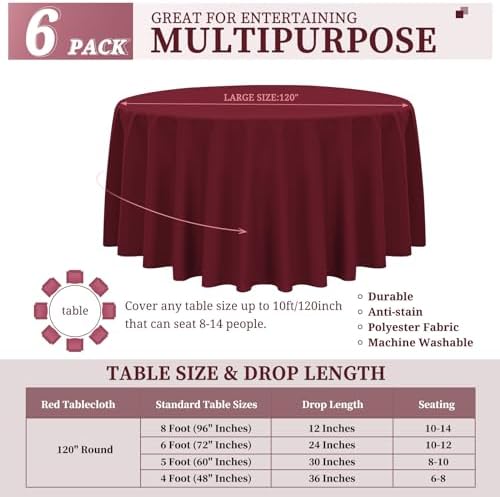 YMHPRIDE 6 Pack Round Tablecloth Burgundy Table Cloth 120 Inch Polyester Round Table Cloth,Burgundy Tablecloths Round Washable Fabric Table Covers for Wedding,Party,Dining,Banquet - Image 2