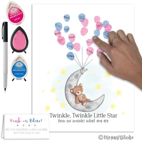 Teddy Bear and Moon Baby Shower Fingerprint Poster Guestbook Alternative Set with Ink Pads and Pen (Gender Reveal Party, 11x14 Inches) - Image 4